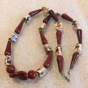 Handcrafted Ceramic Beaded Necklace - Red and White